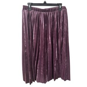 Yumi Pleated Velvet Midi Skirt Size 8 Plum‎ Purple Shimmer Elastic Waist 556